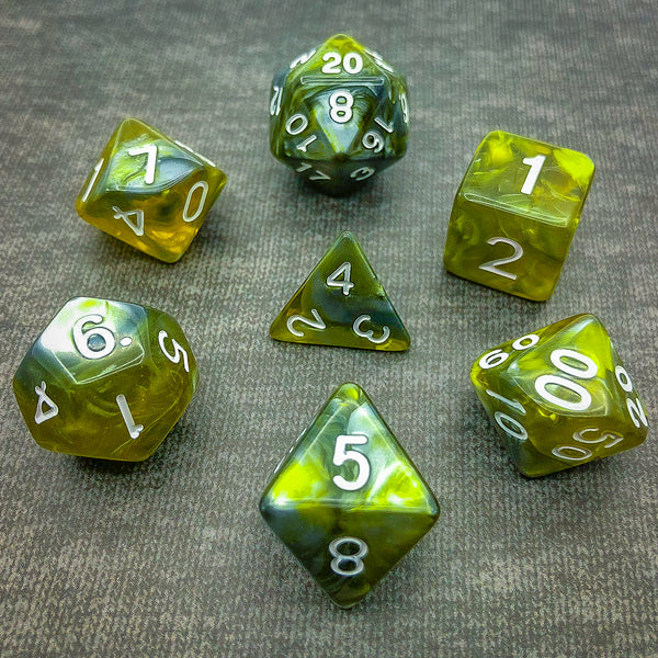 Translucent Yellow and Grey with White Text - The Dice Viking - Dice Set