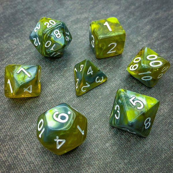 Translucent Yellow and Grey with White Text - The Dice Viking - Dice Set