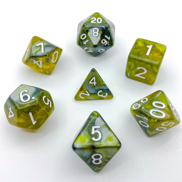 Translucent Yellow and Grey with White Text - The Dice Viking - Dice Set