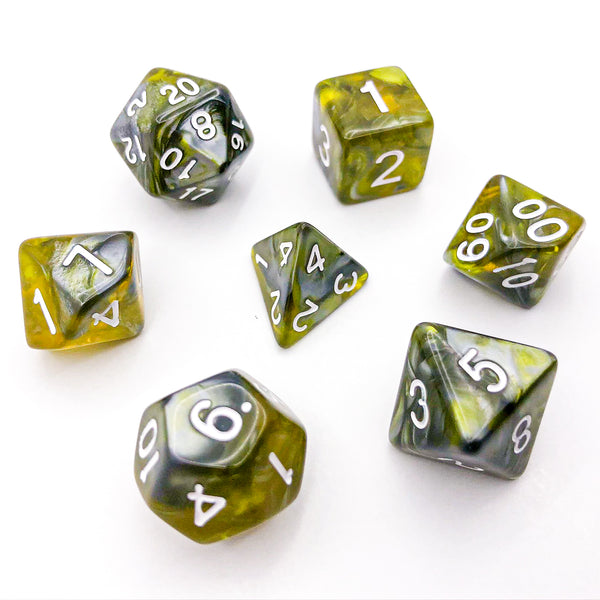 Translucent Yellow and Grey with White Text - The Dice Viking - Dice Set