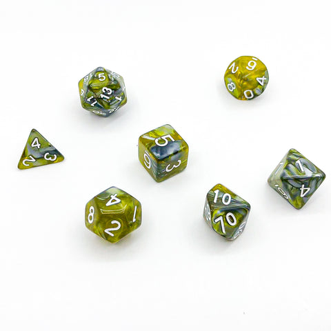 Translucent Yellow and Grey with White Text - The Dice Viking - Dice Set