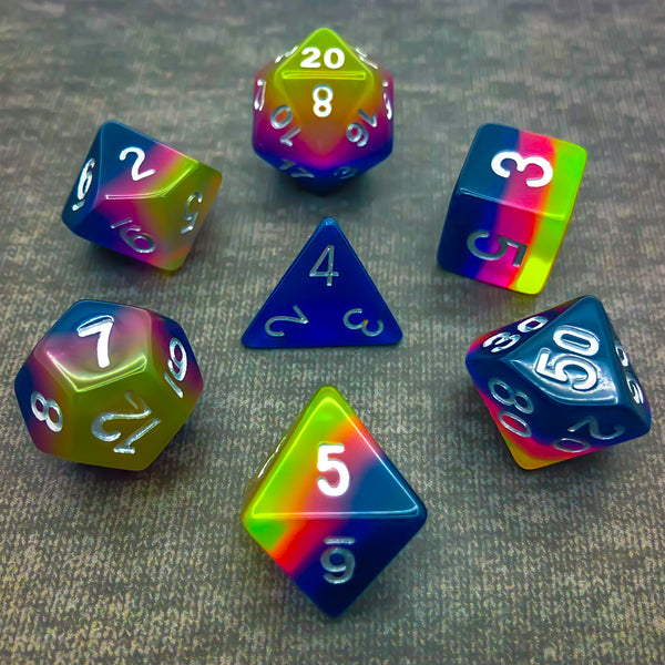 Translucent Blue, Pink, and Yellow with White Text - The Dice Viking - Dice Set