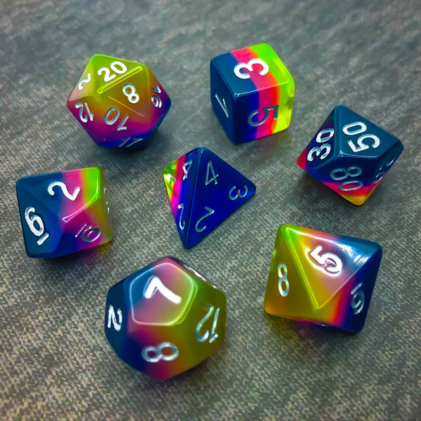 Translucent Blue, Pink, and Yellow with White Text - The Dice Viking - Dice Set