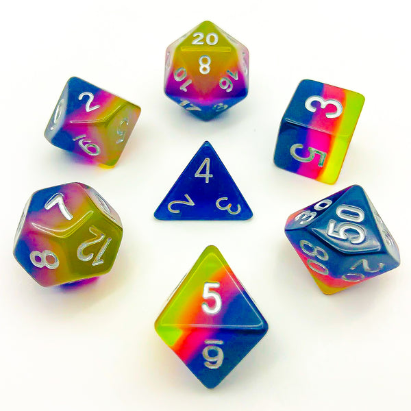 Translucent Blue, Pink, and Yellow with White Text - The Dice Viking - Dice Set