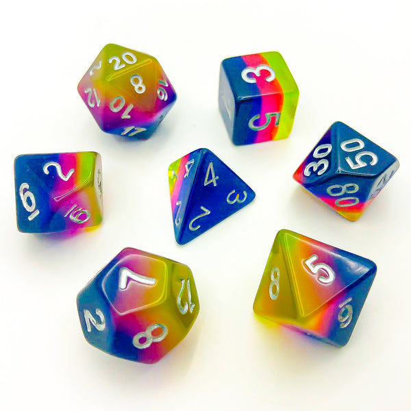 Translucent Blue, Pink, and Yellow with White Text - The Dice Viking - Dice Set