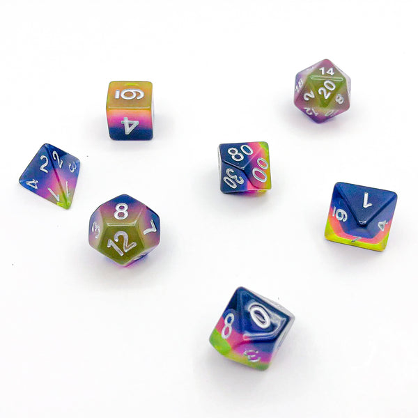 Translucent Blue, Pink, and Yellow with White Text - The Dice Viking - Dice Set