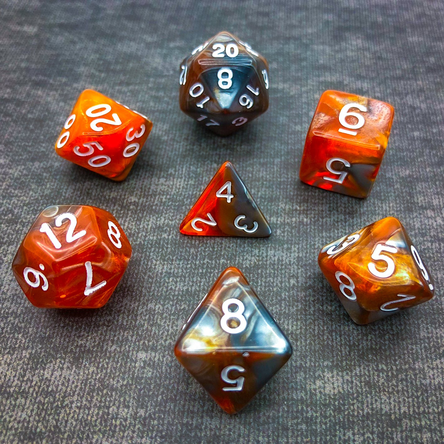 Translucent Orange and Grey with White Text - The Dice Viking - Dice Set