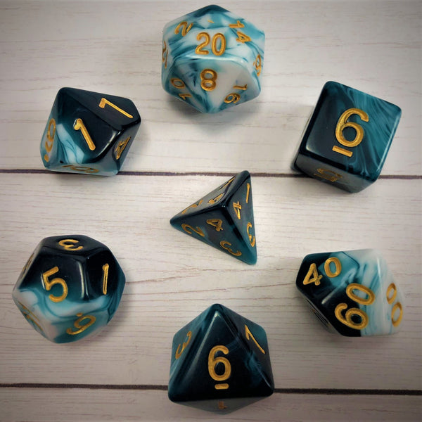 Swirl - Cobalt and White with Gold Text - The Dice Viking - Dice Set