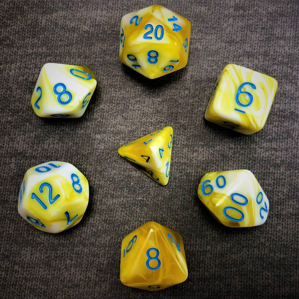 Swirl - Yellow and White with Blue Text - The Dice Viking - Dice Set