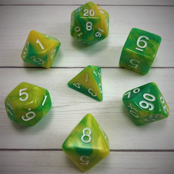 Yellow and Green with White Text - The Dice Viking - Dice Set